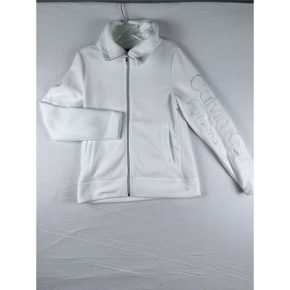 Calvin Klein Performance Womens‎ XS White Fleece Full Zip Jacket Logo Sleeve